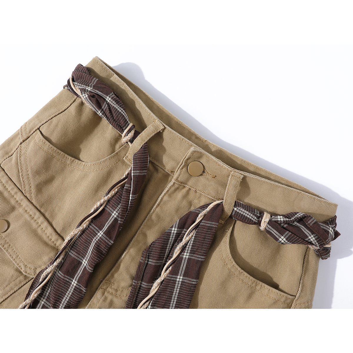 Chorissa Amerika üslubunda qadınlar üçün denim yük ətəyi, 2026 yaz və payız yeni dəbi, xaki rəngli yüksək belli çoxfunksiyalı bədənə uyğun mini ətək