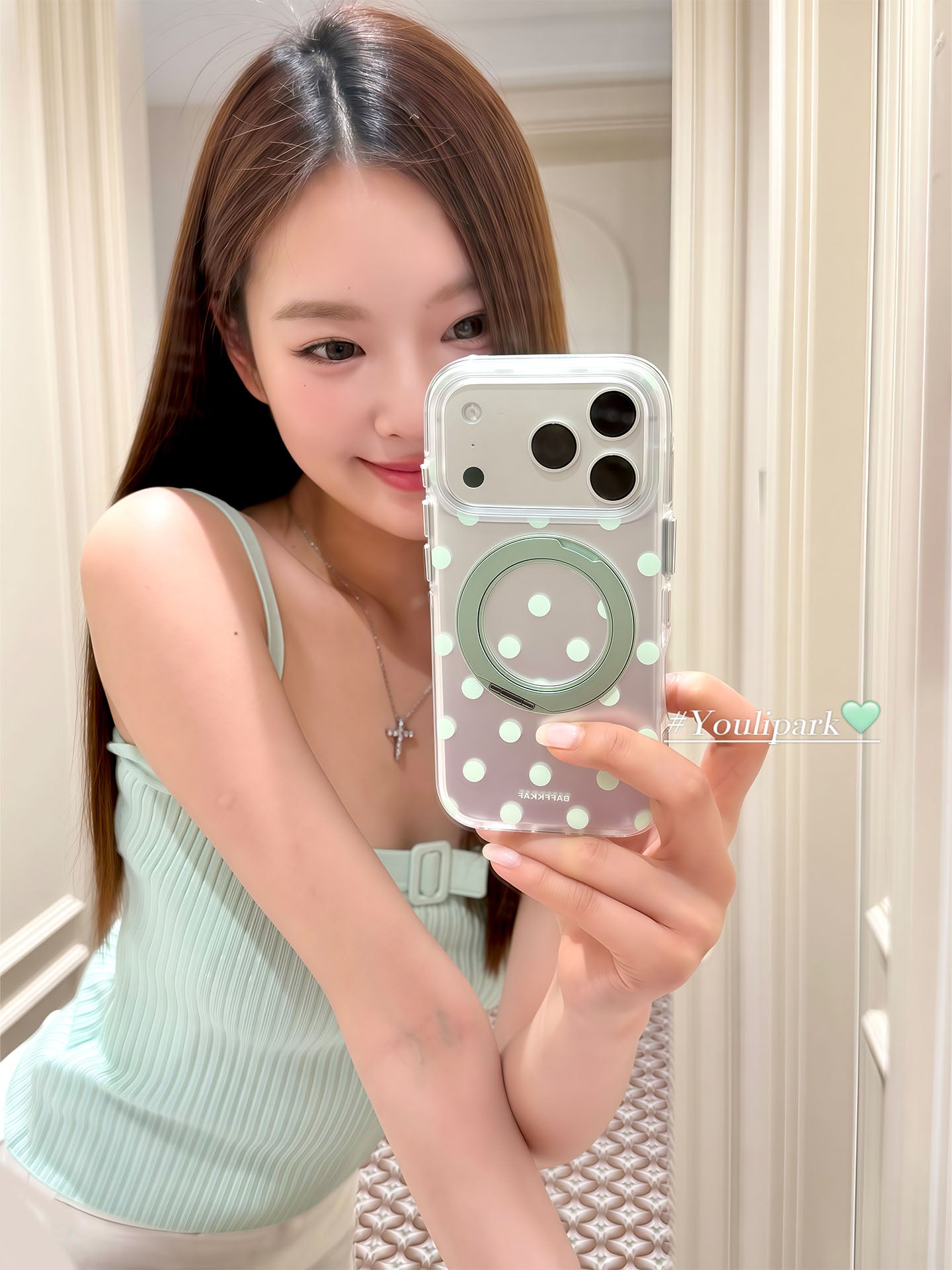 Yuri Park ins Koreya nanə yaşıl ləkəli fırlanan maqnit stend 17 17pro Apple 17ProMax mobil telefon qutusu iPhone16 hər şey daxil 14 yeni 16Promax qadınlar üçün qoruyucu örtük