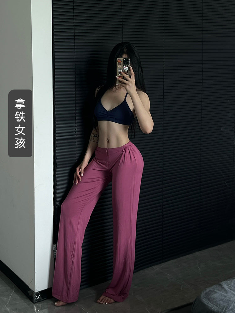Latte Girl Fermuarlı Super Rahat Örtük Fitness Yoga Pilates İdman Şalvarları Pure Desire Kiçik Bel Düz Qadın