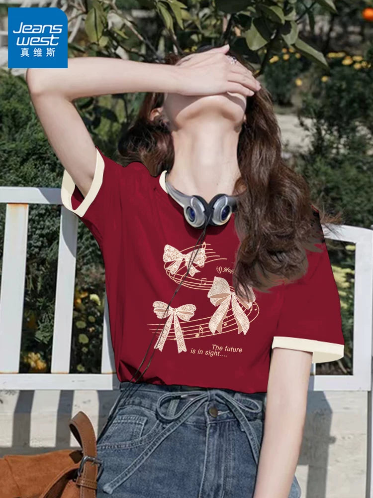 Jeanswest Sağ Çiyin Qısaqol T-shirt Qadın Yay 2026 Yeni Dikişli Kontrast Rəngli Saf Pambıq Yarımqol T-shirt Çox Yönlü Top X