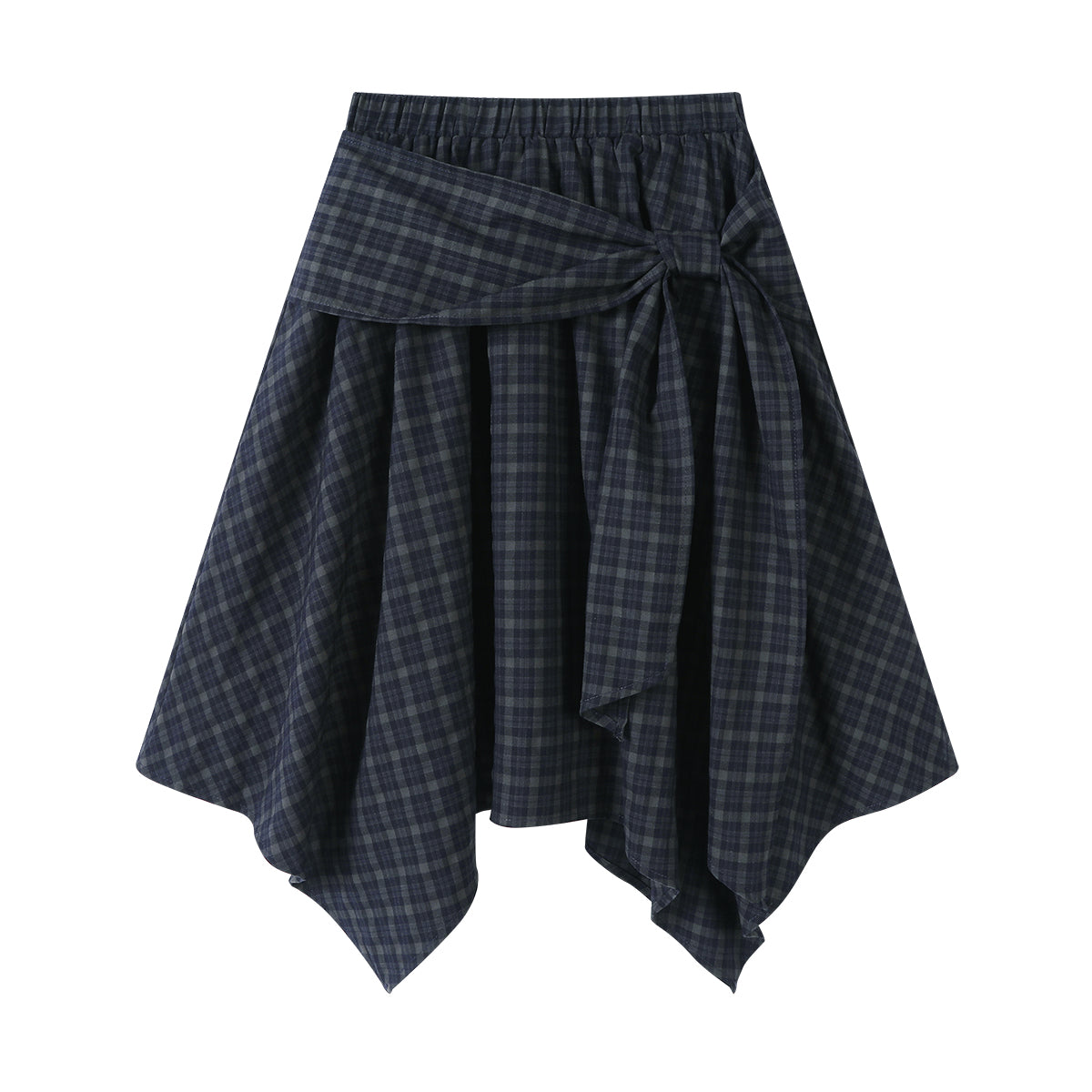 Cholisa-nın 2026-cı il payız/qış mövsümü üçün unikal Koreya üslubunda midi ətəyi, qadınlar üçün qeyri-bərabər ətəkli dama-dama mini ətək.