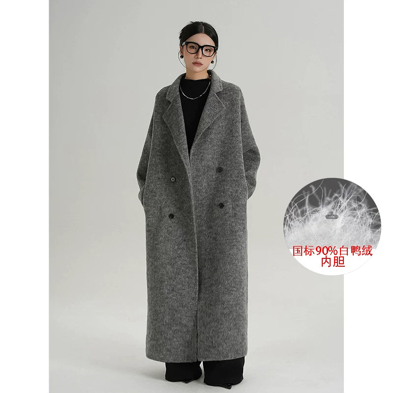 Hündür qadın üçün ikiüzlü yun palto, əlavə uzun, 2025 payız/qış üslubunda, boz, Koreya üslubunda, tüklü yun palto.