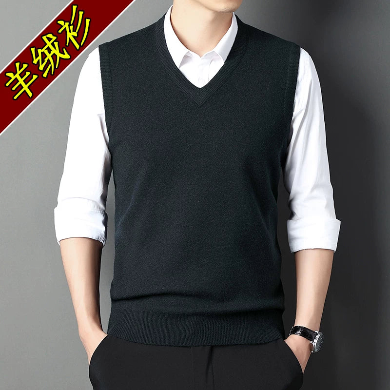 Orta yaşlı kişilər üçün 100% təmiz kaşmir jilet, V-yaxalı qolsuz jilet, Ershi trikotaj yun sviter
