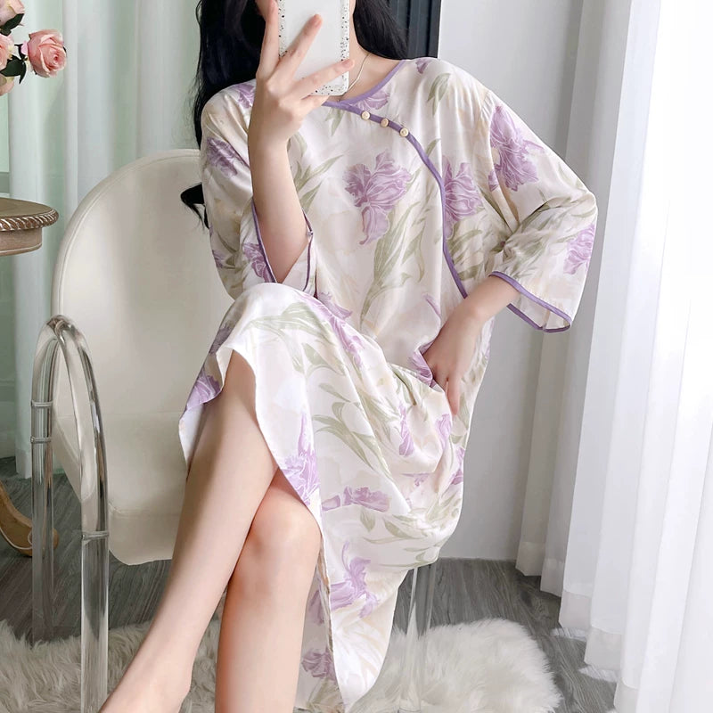 Pambıq ipək pijama qadın yay orta qollu gecə paltarı böyük ölçülü süni pambıq ipək yeni Çin üslubunda nazik boş ev geyimi uzun yubka