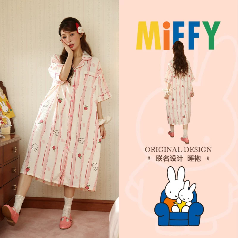 Gongdie [sərin tip] Qadınlar üçün Miffy yay qısaqol gecə paltarı sevimli cizgi filmi zolaqlı hırka ev geyimi pijama