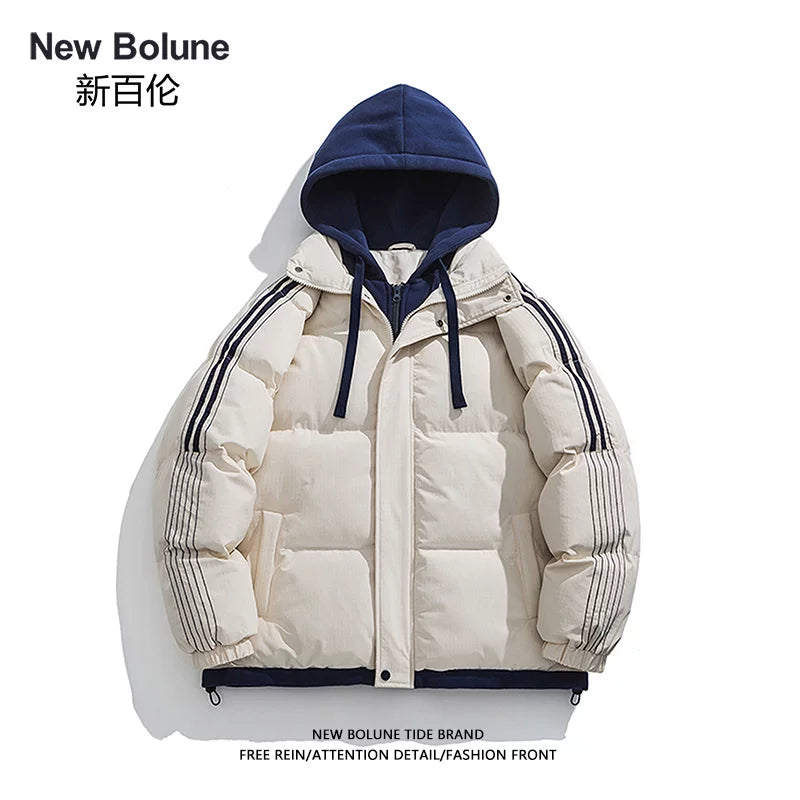 NEW BOLUNE/New Balance Qış Başlıqlı Pambıq Yastıqlı Gödəkçə, Kişilər üçün Yüksək Keyfiyyətli Amerika Retro Qalın Pambıq Yastıqlı Gödəkçə