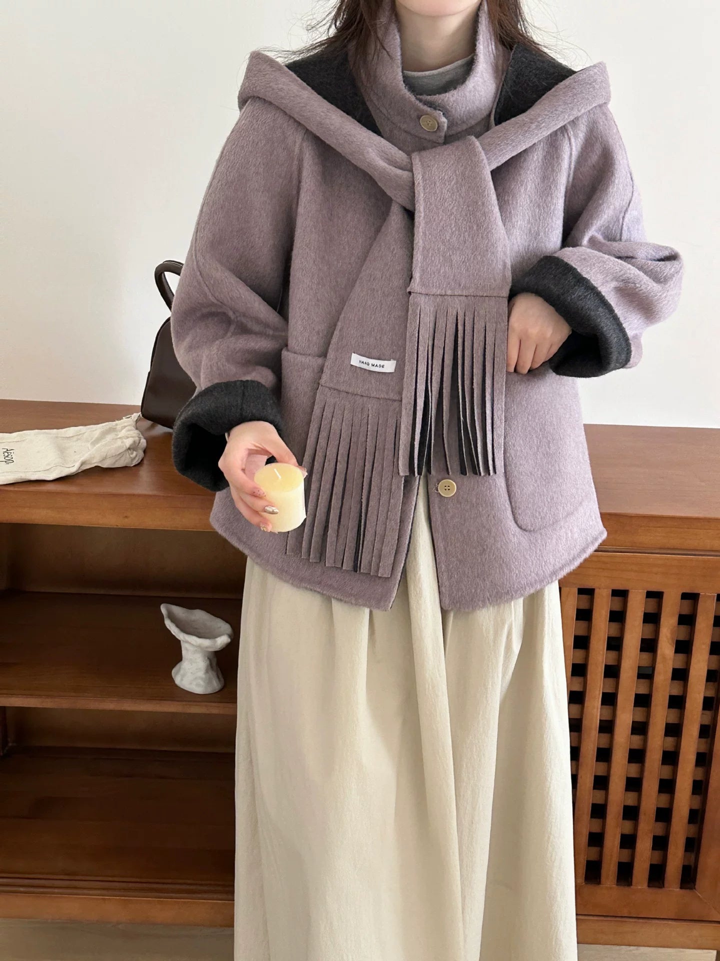 Avropa üslubunda 2025 Payız/Qış Koreya üslubunda eşarp, papaq, iki tərəfli kaşmir palto, qadın qısa yun palto, qalın