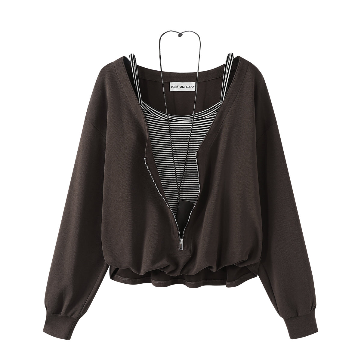 Cholisa-nın özünəməxsus və şık Koreya üslubunda cazibədar qız topu, yamaqlı asma zolaqlı saxta iki hissəli erkən payız uzunqol sviter