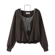 Cholisa-nın özünəməxsus və şık Koreya üslubunda cazibədar qız topu, yamaqlı asma zolaqlı saxta iki hissəli erkən payız uzunqol sviter