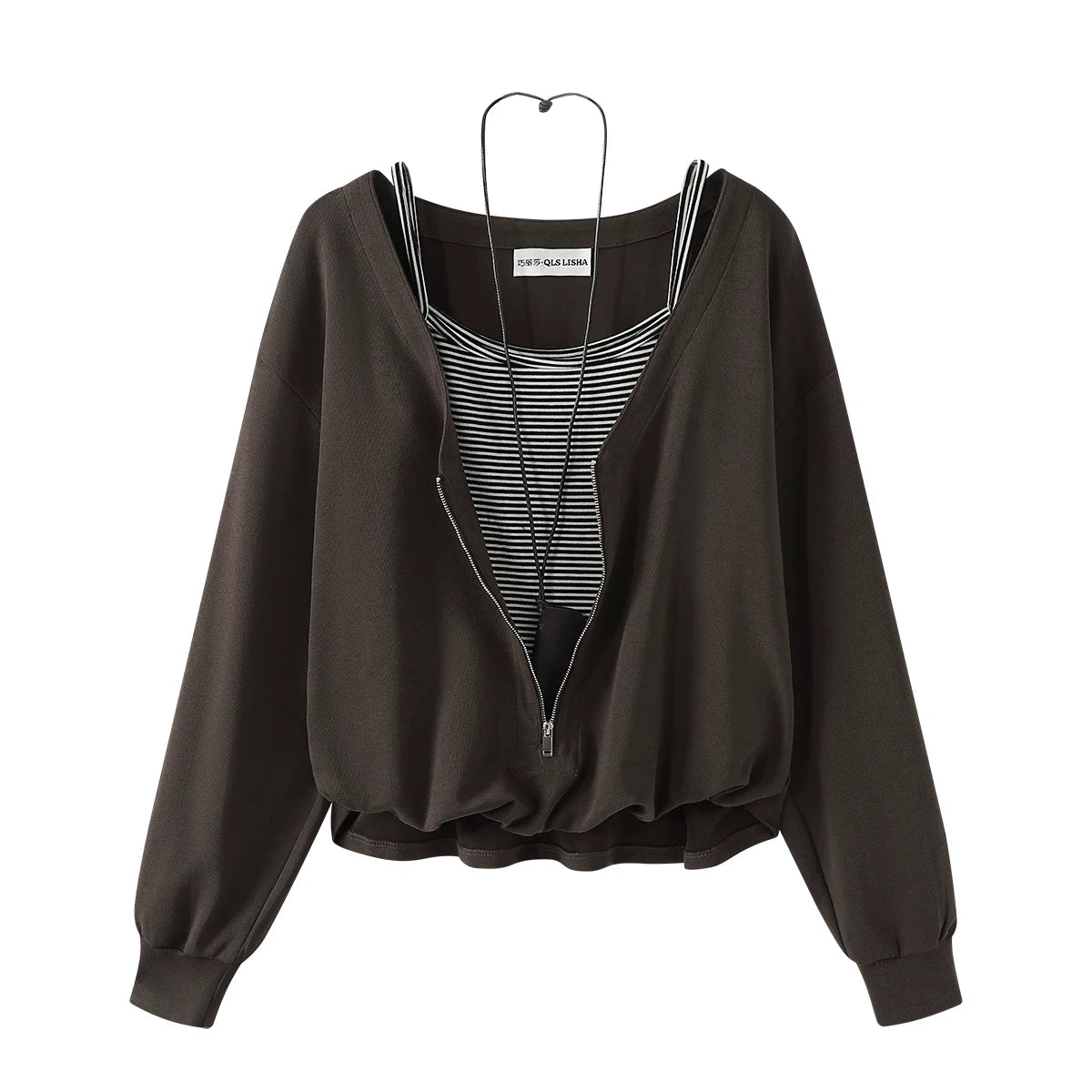 Cholisa-nın özünəməxsus və şık Koreya üslubunda cazibədar qız topu, yamaqlı asma zolaqlı saxta iki hissəli erkən payız uzunqol sviter