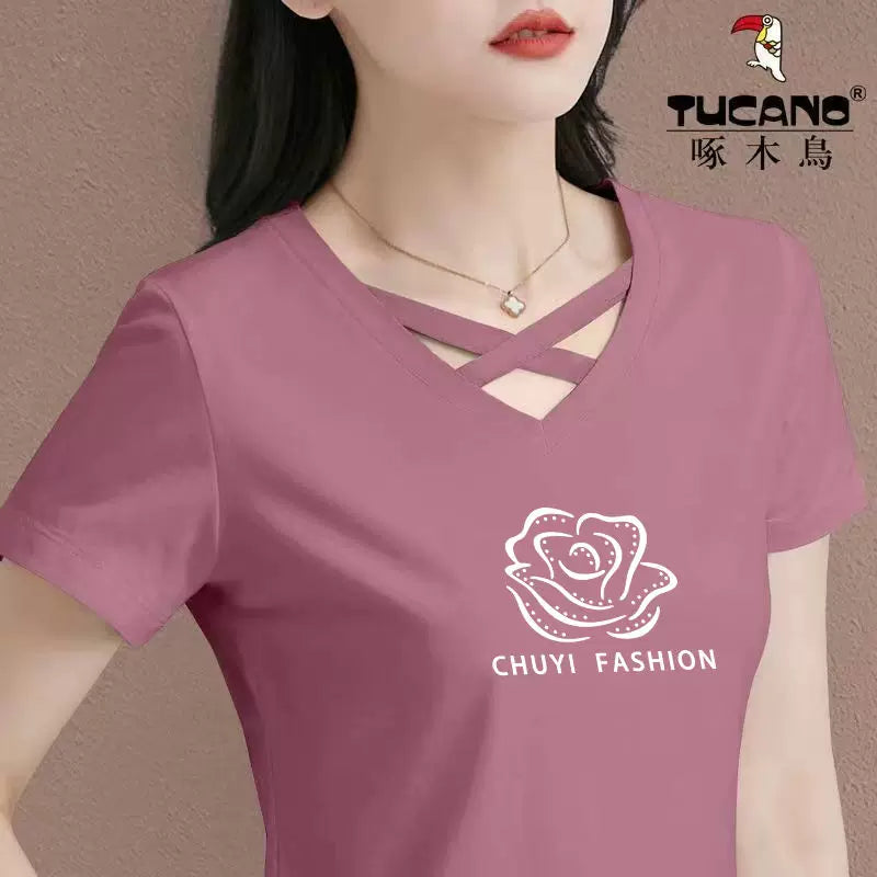 Clearance clearance Woodpecker marka böyük ölçülü qısaqol çaplı moda köynək qadınlar üçün yay V-yaxalı içi boş pambıq top