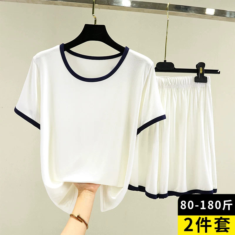 2026 Yay Modal Pijama Dəsti Qadın İncə Ev Boş Qısaqol T-Shirt Böyük Ölçülü Üst Şort İki Parçalı Dəst