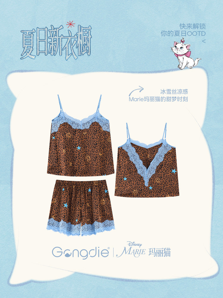 Gong Die [sərin tip] Disney Marie Cat asma pijama qadın buz ipək bəbir çaplı döş yastıqları ilə ev geyimi yay