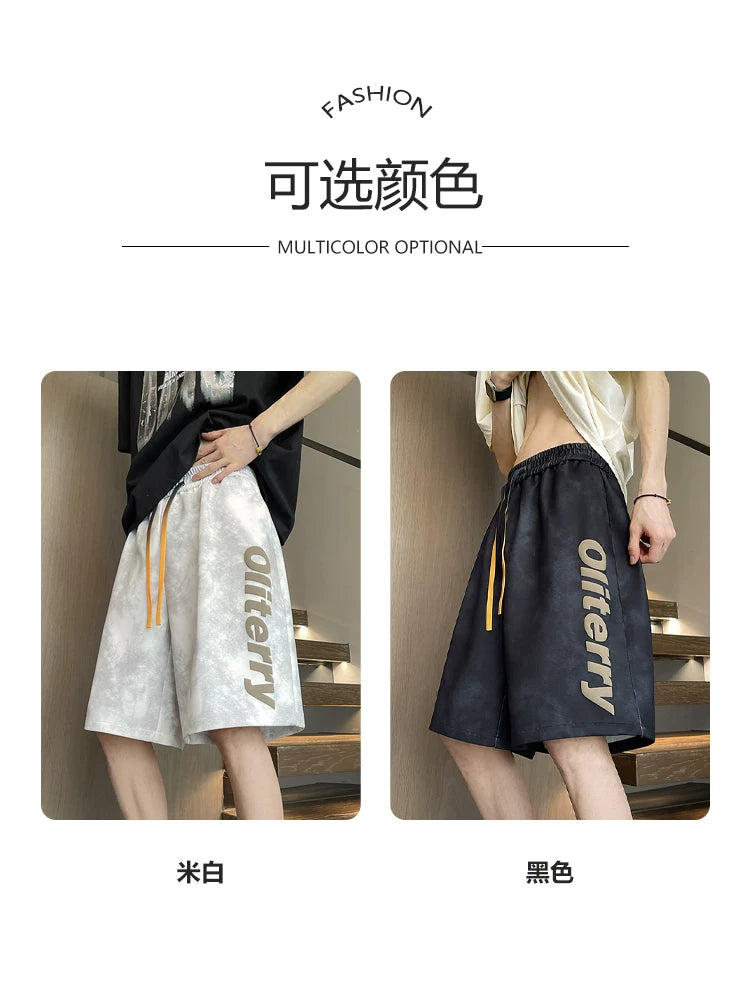 Yayda kişilər üçün amerikan qalstuk şortları kişilər və yeniyetmələr üçün boş düz idman şalvarları moda markası beş nöqtəli çirkli şalvar