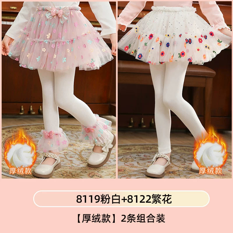 Qızlar üçün bir hissəli ətək şalvarları, 2025-ci ilin yaz və payız mövsümü üçün yeni model uşaq qış geyimləri, flis astarlı, süni iki hissəli leqinslər, ağ, çöldə geyinmək üçün.