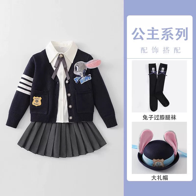 Yeni payız üslubunda qızlar üçün dovşan polis məmuru sviteri üç hissəli dəst, JK ətəyi, dəbli payız və qış uşaq ad günü geyimləri