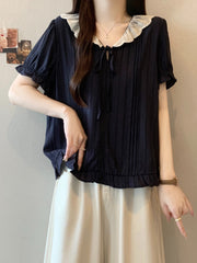 Tünd göy rəngli Peter Pan yaxası, düz çiyinlər, qısaqol köynək, böyük ölçülü qadınlar üçün yeni yay modası, arıqladan və geniş formada, çox şirin top.