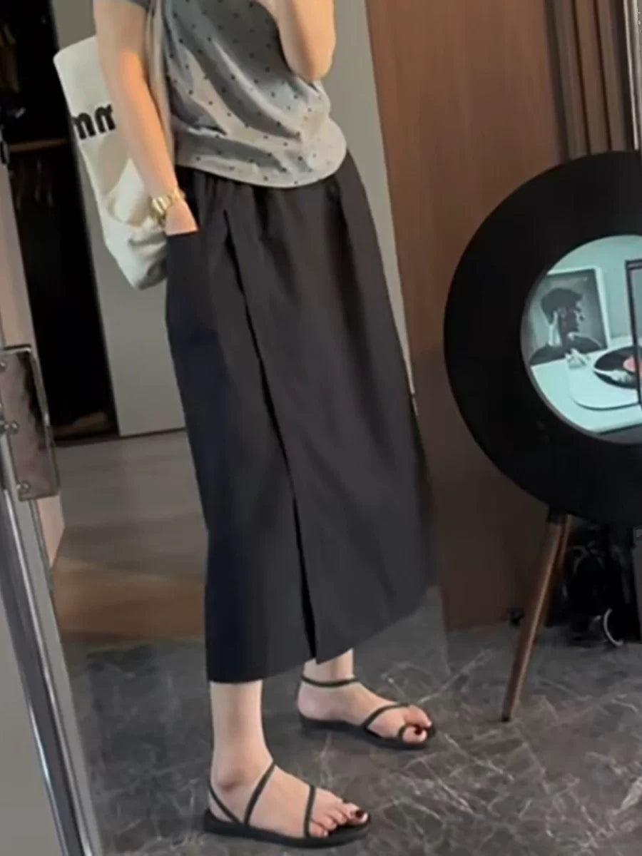 Bir az dolğun qızlar üçün böyük ölçülü yay geyimləri, geniş, düz ayaqlı şalvar/ətək, yüksək belli A-xəttli gündəlik ətək/şalvar