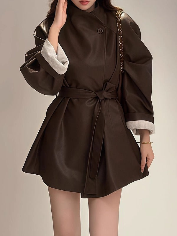 Koreya üslubunda qadınlar üçün böyük ölçülü dayaqlı, kəmərli bel dəri palto, yeni payız və qış üslubunda, böyük ölçülü qadınlar üçün orta uzunluqlu, arıqladıcı və çox yönlü trençkot.