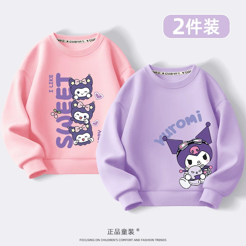 Kuromi Qızlar üçün Sweatshirt Payız/Qış 2024 Yeni Model Dəbli, Yun Astarlı Kürək Yaxalı Top Qızlar və Böyük Uşaqlar üçün