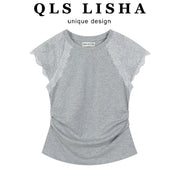 Cholisa Raglan Qısa Qollu Krujeva Yamaqlı Bel Təsviri 2025 Yay Üçün Unikal Dizaynlı Super Şirin Futbolka Top