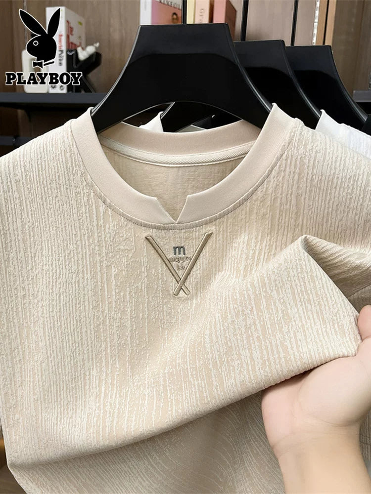Playboy buz ipək qısaqol kişi yay kiçik V dəyirmi boyun top moda trendi çox yönlü sərin köynək