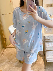 Qısaqol şort, qadın üçün pambıq ipək pijama, yay şirin kondisionerli ev paltarı, cizgi filmi qızları çöldə geyinmək olar, tələbə pambıq ipək kostyumlar