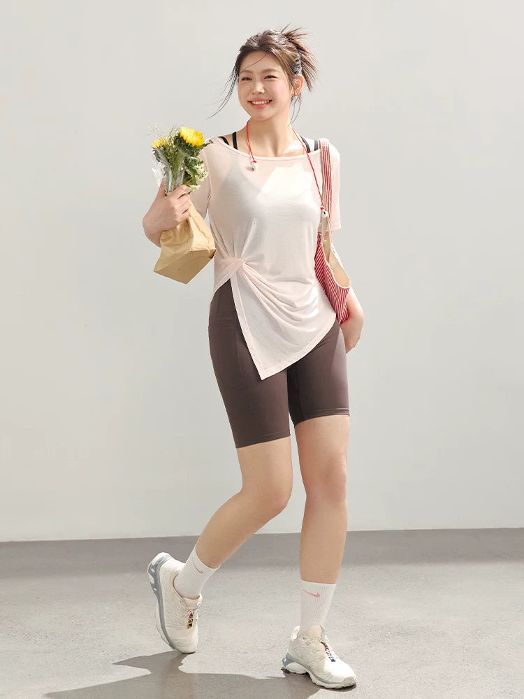 Yağlı mm böyük ölçülü idman top qadın yay nazik bluzası slim fit tez quruyan idman köynəyi fitnes geyimi qısaqol