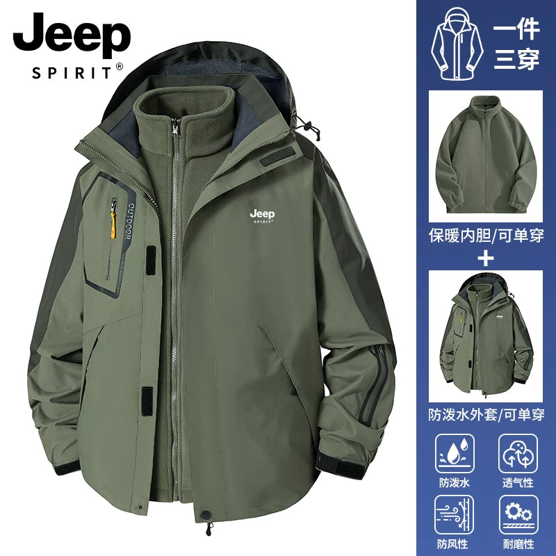JEEP Kişilər üçün 2025-ci il Yeni Model Yaz, Payız və Qış Üçlü Birdə Yun Astarlı Qalın Kişi Üst Geyimləri