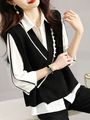 Fransız overstock qadın geyimləri, yüksək səviyyəli brend endirimləri, orijinal overstock, geniş yamaqlı jilet, V-yaxalı toxunma jilet.