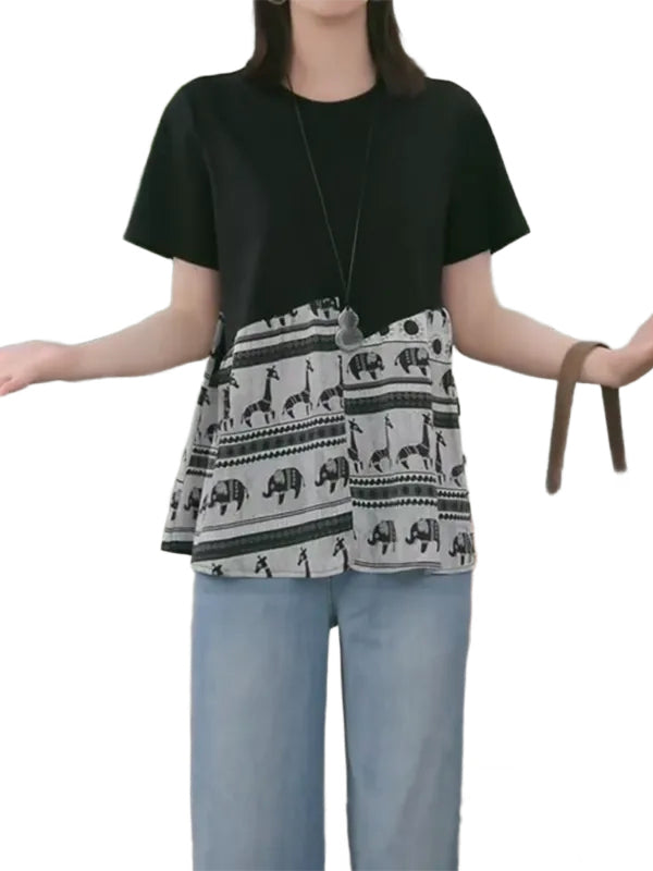 Böyük ölçülü, geniş bədən formasında, yamaqlı qısaqollu qadın köynəyi, yeni yay stili, arıqladıcı retro naxışlı top.