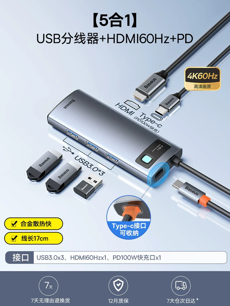 Baseus dok stansiyası Type-C-dən HDMI proyeksiyasına USB splitter adapter mərkəzi Kompüterlər, iPad-lər, noutbuklar, planşetlər və mobil telefonlar üçün Thunderbolt 4 çoxportlu Ethernet çeviricisi