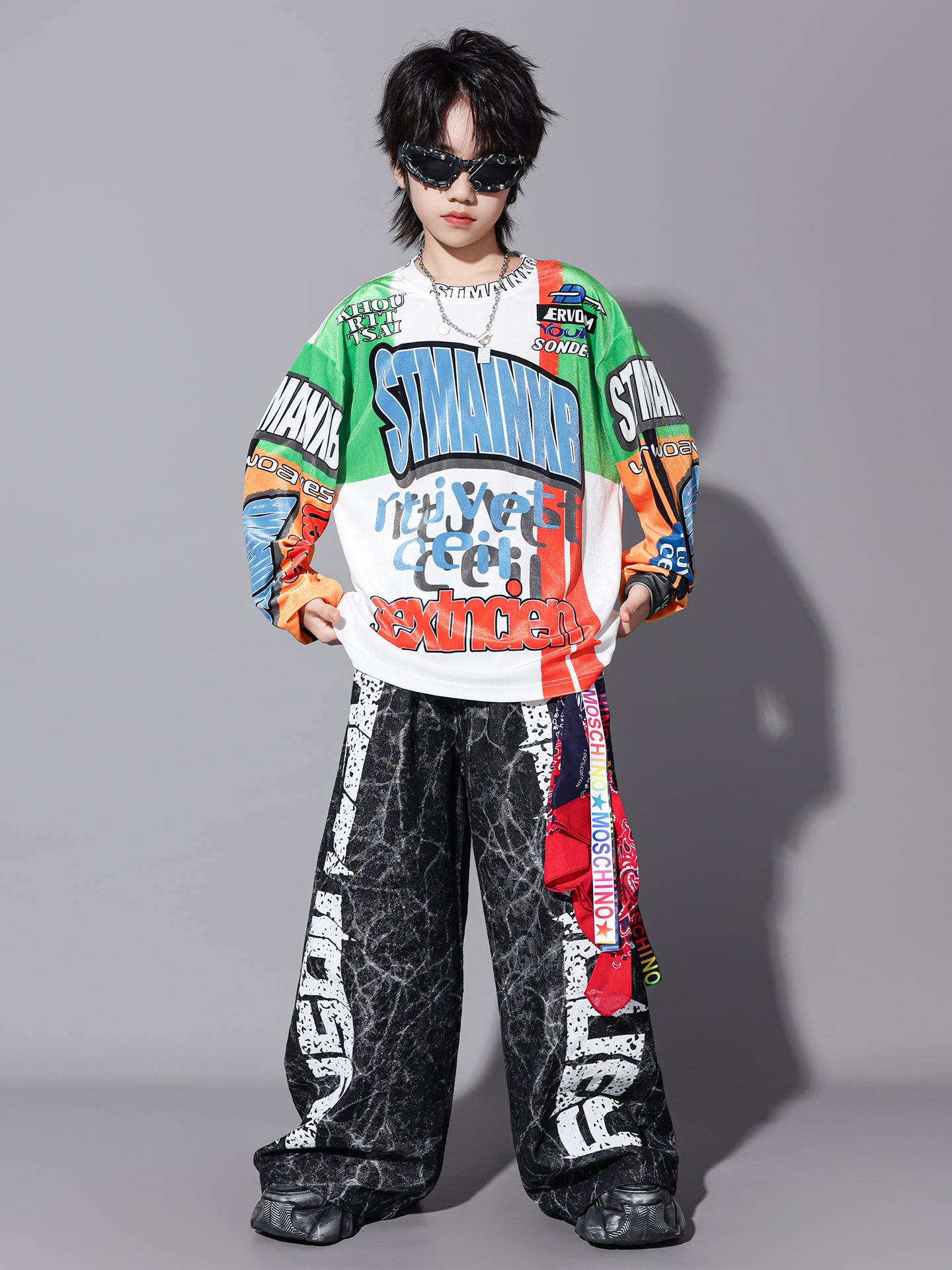 Uşaq küçə rəqsi tamaşası kostyumu, oğlan və qızlar üçün hip-hop üslubunda küçə tərzi geyimi, Yeni il günü üçün sərin və dəbli tamaşa geyimi.