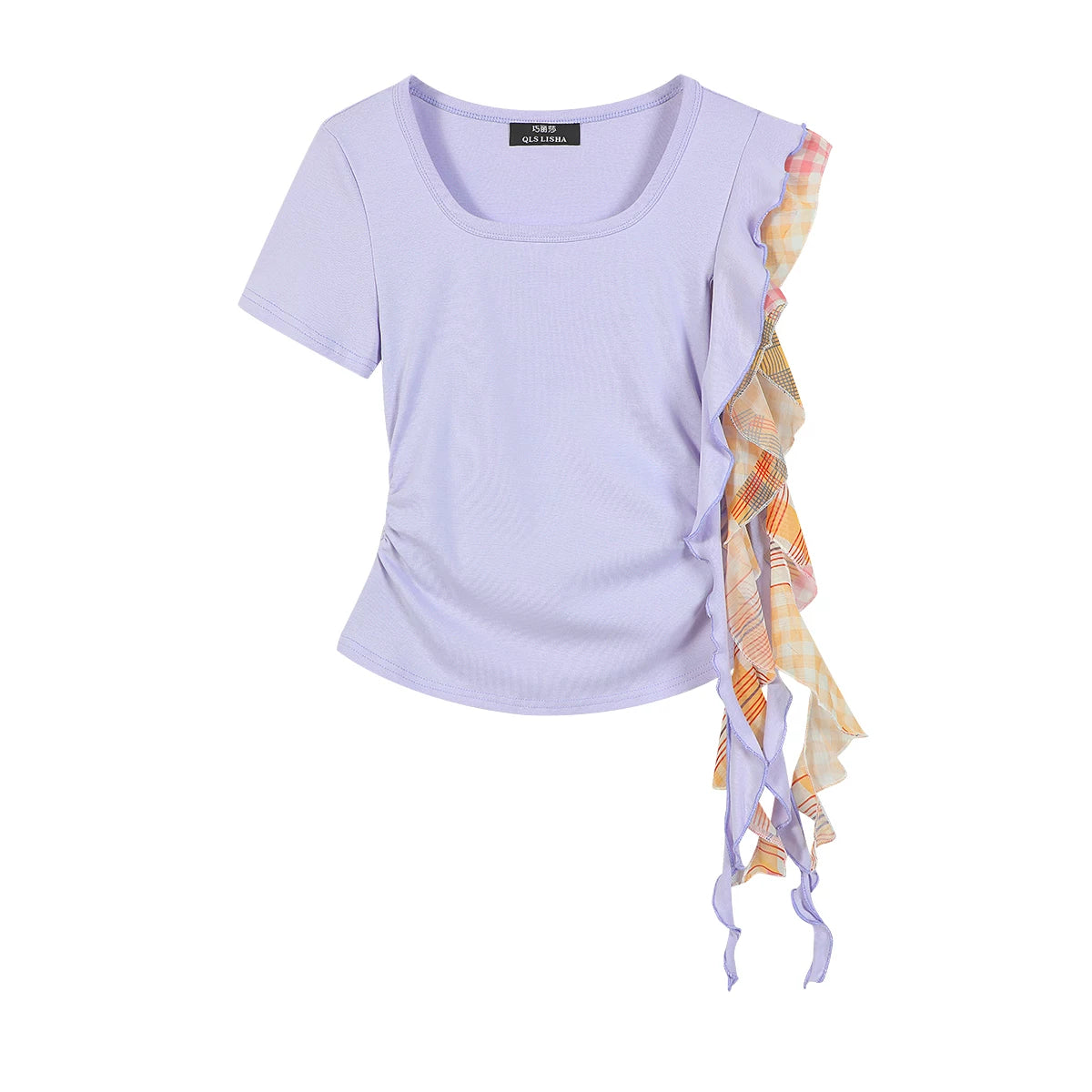 Cholisa Yay Kvadrat Yaxalıq İncə Uyğun Düzensiz Qadın T-Shirt Qısa Qollu 2026 Yeni Stil Unikal və Zərif Qısa Top