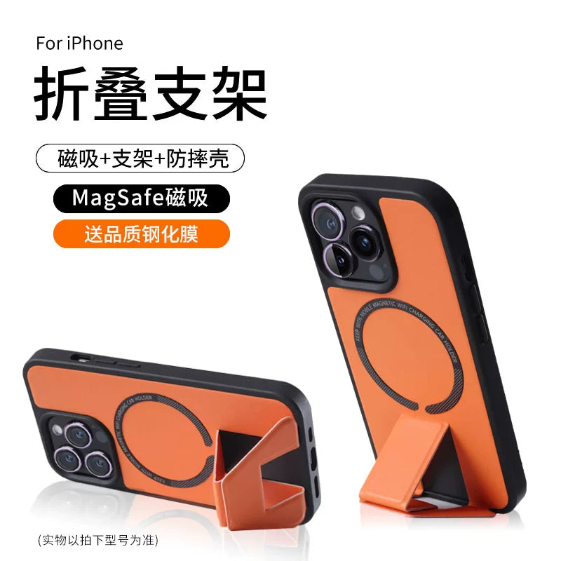 Apple 16 Pro Max telefon korpusu, dayaqlı iPhone 17 üçün tam örtüklü qoruyucu korpus, 13 dəri, 12 düşməyə davamlı, 14 kişi və qadın maqnit simsiz şarj cihazı, AIR dəri narıncı ilə uyğun yeni dəstək nöqtəsi.