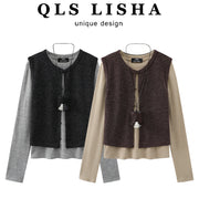 Cholisa Koreya üslubunda erkən payız şık yüksək səviyyəli kostyum qadın jilet qatlı əsaslı trikotaj iki hissəli dəst