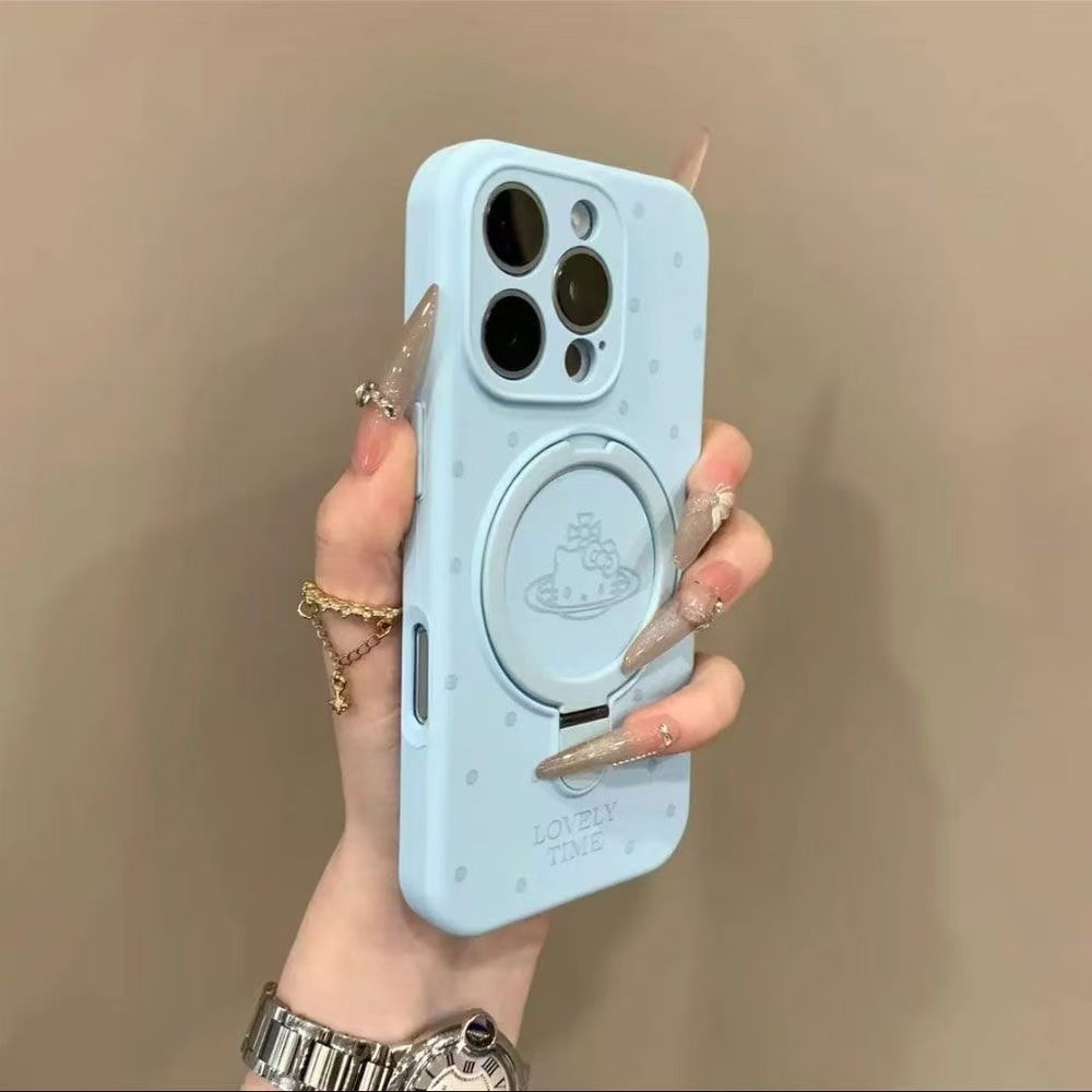 Ins tərzində Kitty pişik planeti polka nöqtəli maqnit stend Apple 16Promax mobil telefon qutusu iPhone15Promax maye silikon 14Pro sadə hər şey daxil 13/12 yıxılmaya qarşı qoruyucu örtük