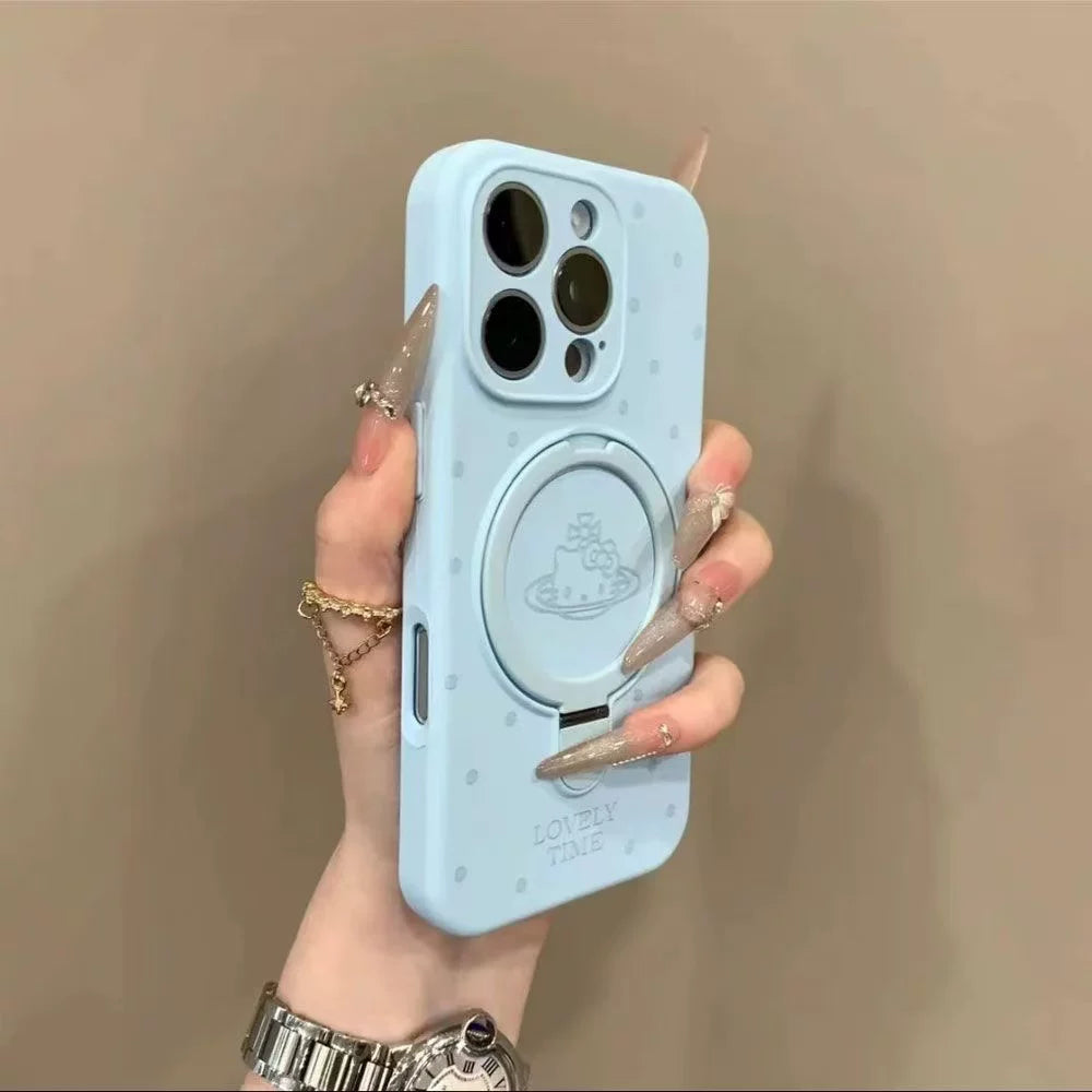 Ins tərzində Kitty pişik planeti polka nöqtəli maqnit stend Apple 16Promax mobil telefon qutusu iPhone15Promax maye silikon 14Pro sadə hər şey daxil 13/12 yıxılmaya qarşı qoruyucu örtük