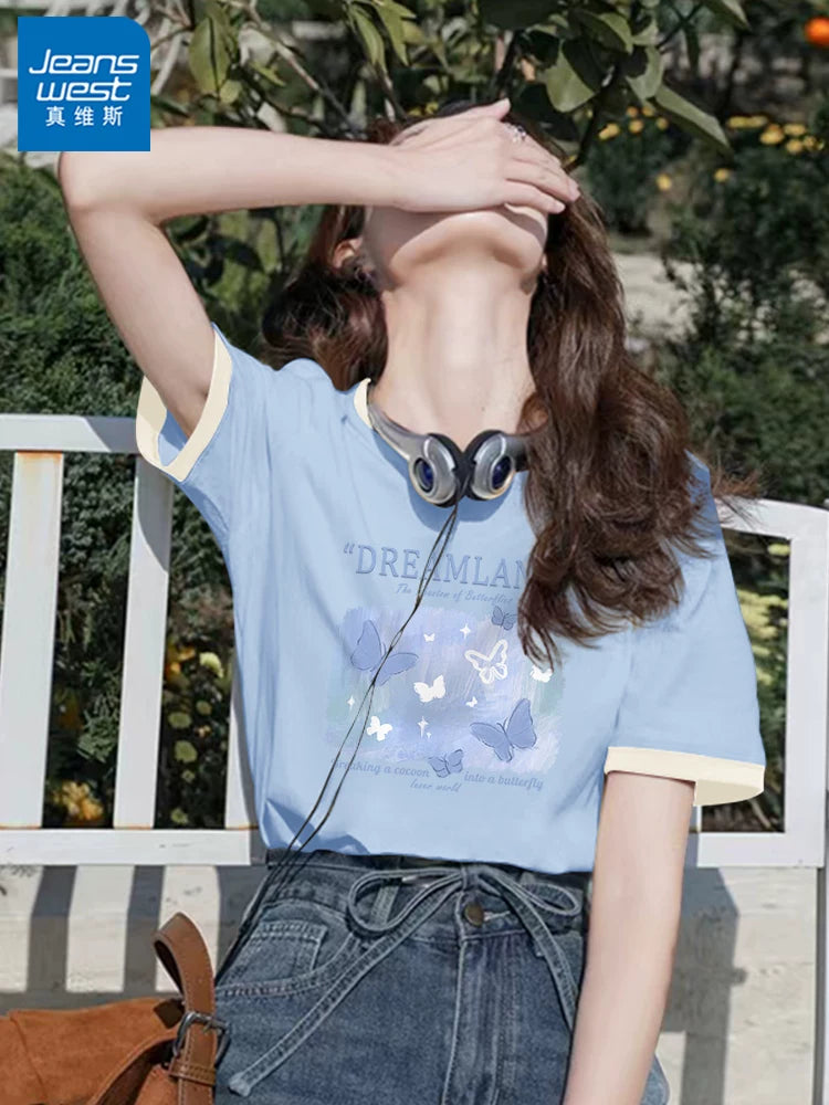 Jeanswest Sağ Çiyin Qısaqol T-shirt Qadın Yay 2026 Yeni Dikişli Kontrast Rəngli Saf Pambıq Yarımqol T-shirt Çox Yönlü Top X