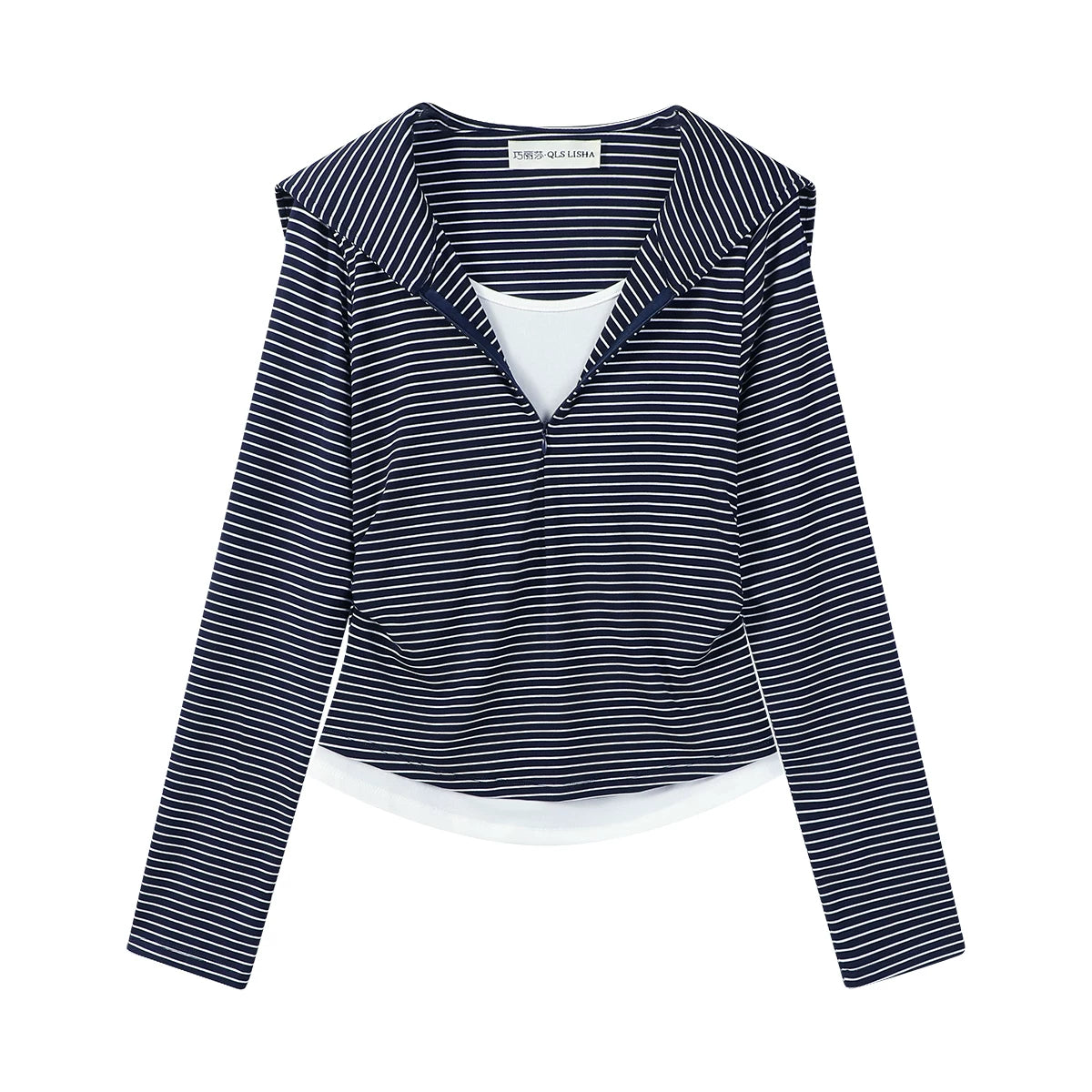 Cholisa Seksual İncə Fit Zolaqlı Patchwork Faux İki Parçalı Dənizçi Yaxalıqlı Uzun Qollu Köynək Qadınlar üçün Əsas Qatlı Top