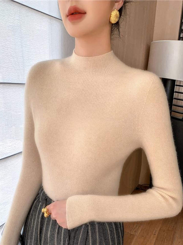 Qadınlar üçün yüksək keyfiyyətli yun sviter, hündür yaxalı, incə bədən quruluşlu, laylı-laylı, payız və qış üçün ideal, yeni model, qalın və çoxfunksiyalı toxunma sviter