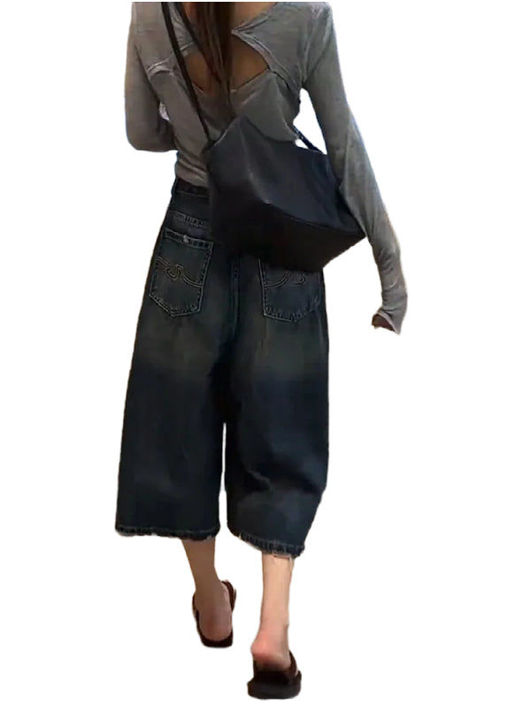 Qadınlar üçün retro yüksək belli, qısa enli cins şalvar, yay üslubunda, böyük ölçüdə, boş formada, arıqladıcı, çoxfunksiyalı, düz ayaqlı, gündəlik orta uzunluqlu şalvar.