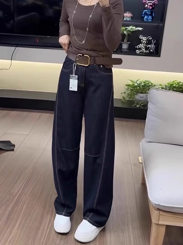 2026 Yaz Yeni Plus Ölçülü Qadınlar üçün Yüksək Belli Boş Əyri Bıçaqlı Cins Şalvar, Yaltaq və Arıqladıcı Düz Ayaqlı Yer Uzunluğunda Şalvar