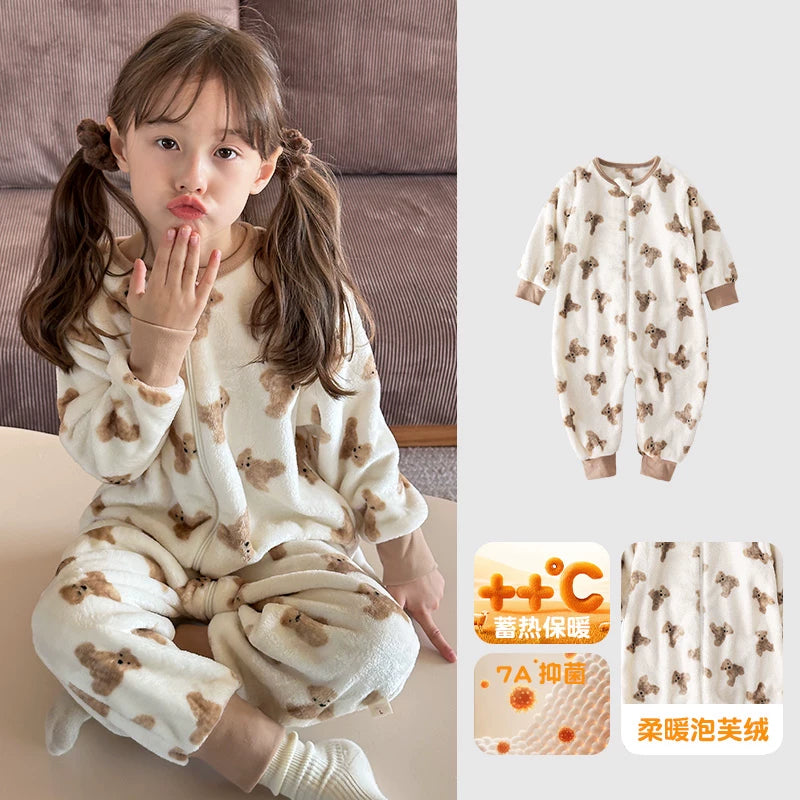 Payız və qış üçün Britaniya uşaq pijamaları, oğlan və qızlar üçün qalın flanel kombinezon, körpələrin təpikləməsinin qarşısını almaq üçün yun astarlı isti yorğan.