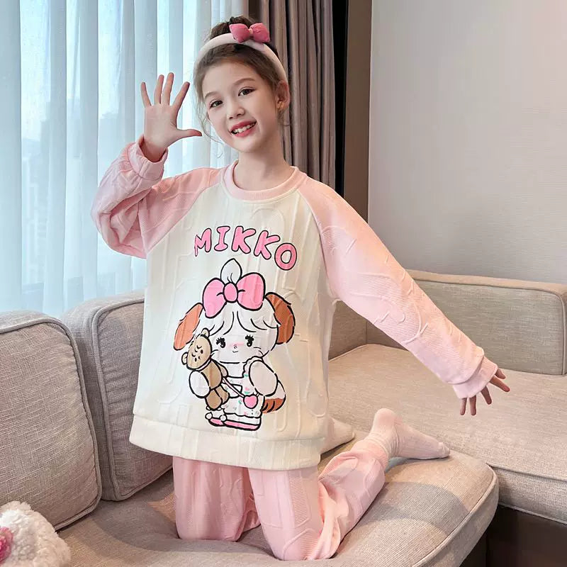 My Melody Qızları üçün Təmiz Pambıq Ev Geyimi, Payız və Qış, Böyük Uşaqlar üçün Üç Qatlı Yorğanlı Qalın İsti Pijamalar, Şirin Dəst