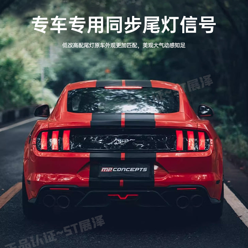 2015-2023 Ford Mustang model, updated taillights, original factory headlight assembly, and standard headlights/lights.