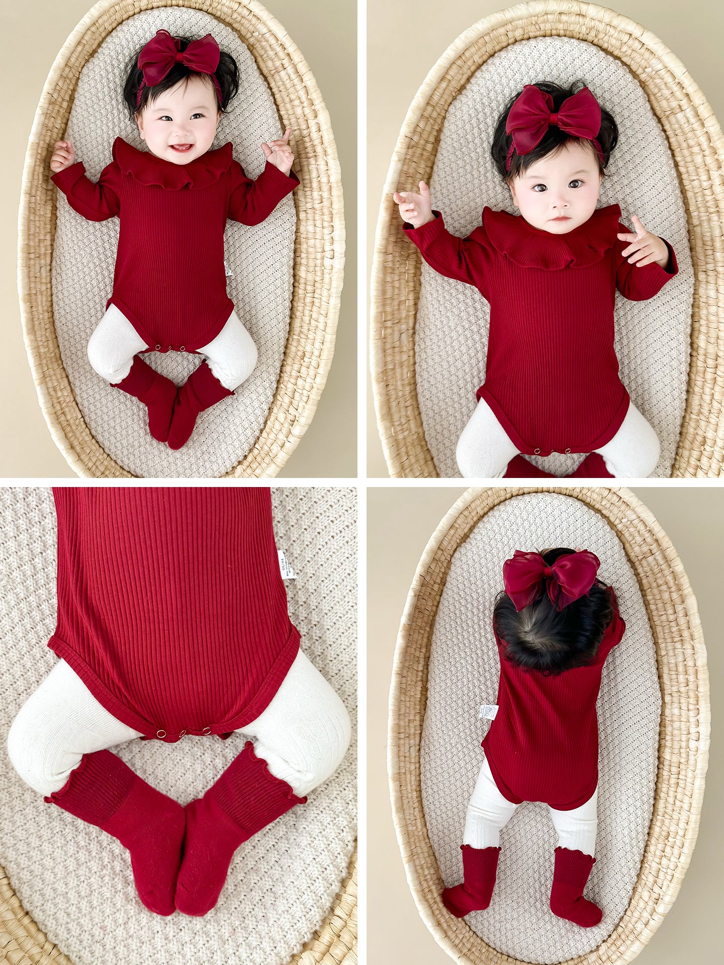 Qızlar üçün Fransız Uamtor Payız Körpə Onesi, Tam Ay/100 Günlük Şahzadə Romperi, Qırmızı Bəzəkli Kostyum