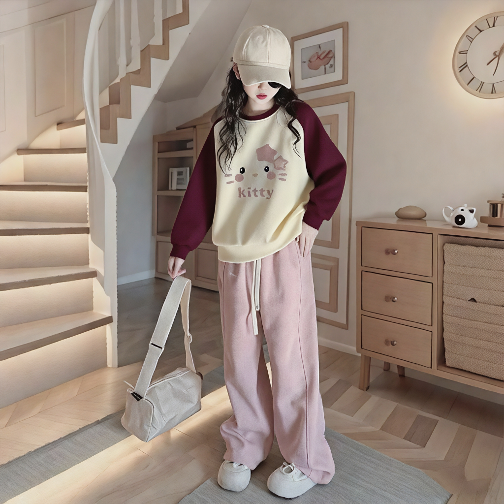 Qızlar üçün uzunqol sviter, yaz, payız və qış, orta və böyük yaşlı uşaqlar və tələbələr üçün şık, geniş uşaq formalı Hello Kitty alt qatlı üst geyim.