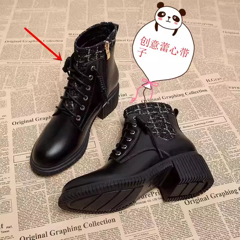 Dəri versiyası ~ Chanel üslubunda qadınlar üçün ayaq biləyi çəkmələri, super populyar hündürdaban qış, incə və şirin, sərin Martin çəkmələri.