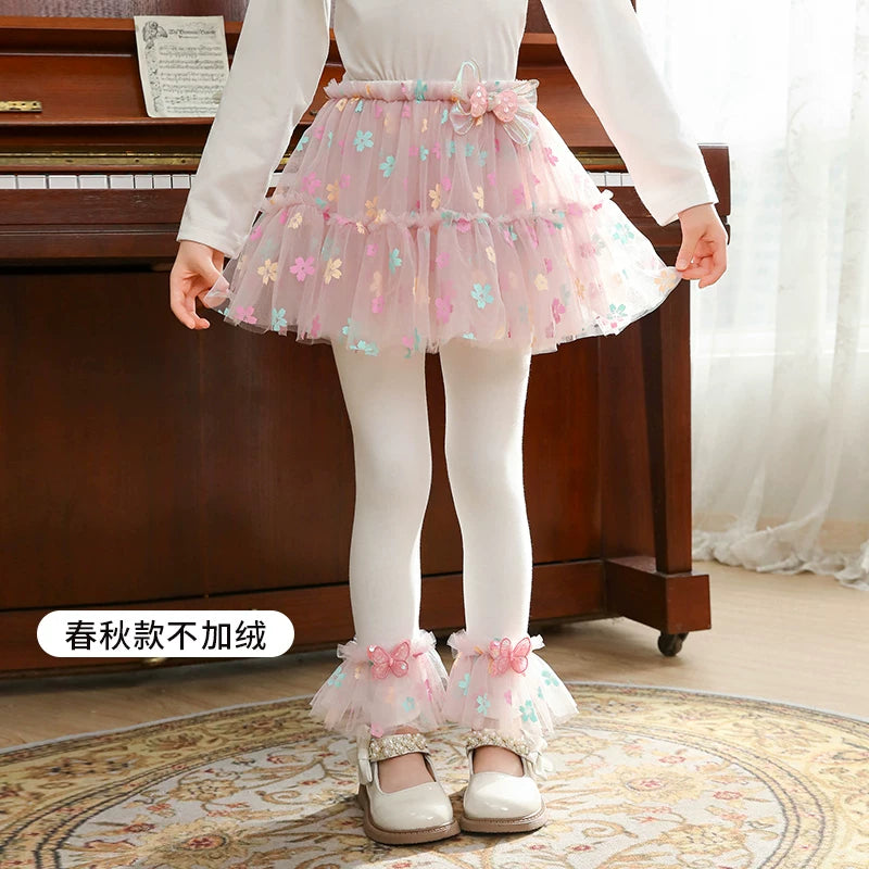 Qızlar üçün bir hissəli ətək şalvarları, 2025-ci ilin yaz və payız mövsümü üçün yeni model uşaq qış geyimləri, flis astarlı, süni iki hissəli leqinslər, ağ, çöldə geyinmək üçün.